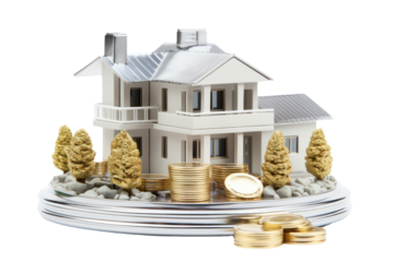 A sophisticated house model rendered in a sleek modern style, accompanied by a carefully arranged stack of platinum coins, symbolizing wealth accumulation through real estate investments. 