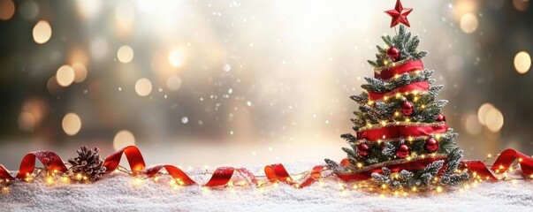 A beautifully decorated Christmas tree with sparkling lights and a star on top, surrounded by festive ribbons and a snowy background.