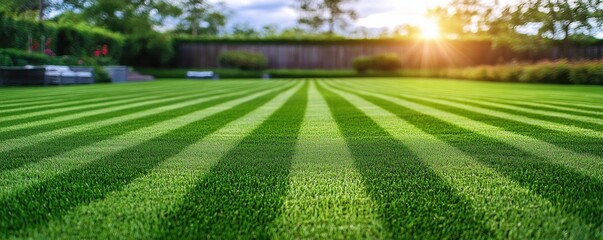 A lush, striped lawn bathed in golden sunlight, showcasing vibrant green grass and a serene outdoor environment.