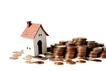 A small ceramic house model with a rustic design, placed on a flat surface next to a tower of copper coins, conveying the idea of property taxes and savings. 
