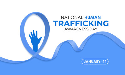 National Human Trafficking Awareness Day on January 11th. Silhouette of hand with broken chain and Realistic Ribbon. Banner poster, flyer and background design template. Vector illustration. Eps 10.