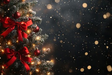 A beautifully decorated Christmas tree with red bows and ornaments, surrounded by twinkling lights and falling snowflakes against a dark background.