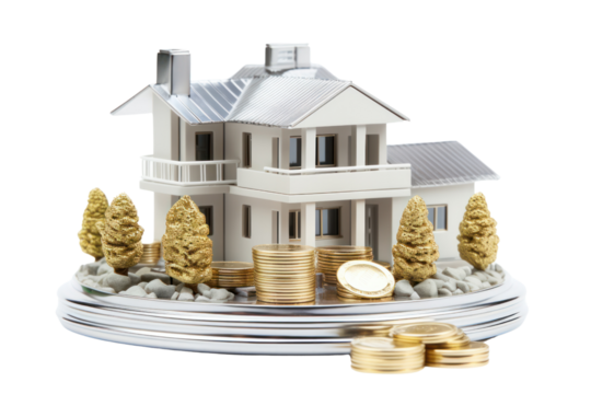 A sophisticated house model rendered in a sleek modern style, accompanied by a carefully arranged stack of platinum coins, symbolizing wealth accumulation through real estate investments. 
