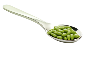 A sleek, modern spoon with a polished finish, showcasing a generous scoop of green soybeans. The composition highlights the glossy surface of the spoon and the vibrant color of the beans