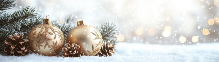 A serene winter scene featuring gold ornaments, pine cones, and snow, evoking a cozy holiday atmosphere with soft bokeh lights.