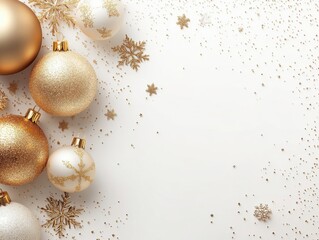 A festive arrangement of gold and white Christmas ornaments with scattered snowflakes on a light background, perfect for holiday decoration themes.