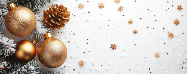 A festive arrangement featuring golden ornaments, a pine cone, and golden snowflakes on a white background, evoking a warm holiday spirit.