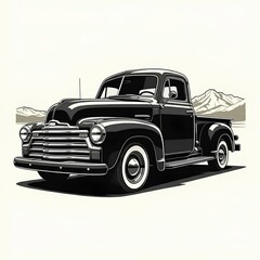 Vintage 1950s pickup truck silhouette, bold contours, dirt road, rustic background AI generated
