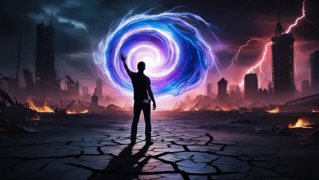 a man trying to open portal to another world ,fantasy concept