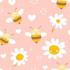 Seamless pattern with cartoons bee and daisy flower on pink background. Vector print for baby and newborn