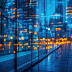 Fototapeta premium A cityscape with a lot of lights and reflections on the glass windows