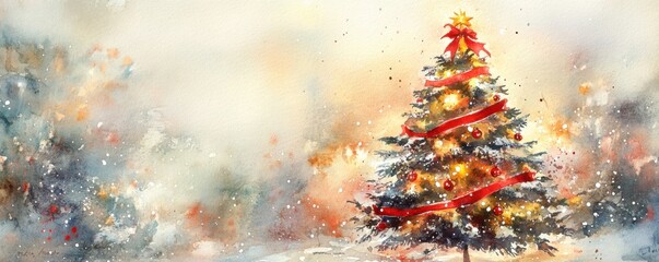 A beautifully painted Christmas tree adorned with ribbons and lights, surrounded by a snowy, dreamy landscape.