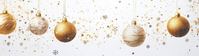 A festive display of gold and white Christmas ornaments, surrounded by shimmering sparkles, creating a cheerful holiday atmosphere.