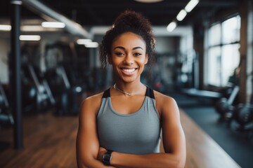 Fototapeta premium Smiling portrait of a young African American female fitness trainer in gym