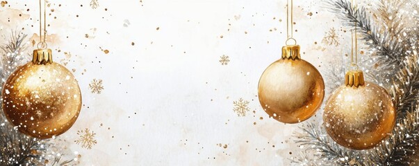 A festive image featuring shiny gold Christmas ornaments with snowflakes and evergreen branches, creating a magical holiday atmosphere.