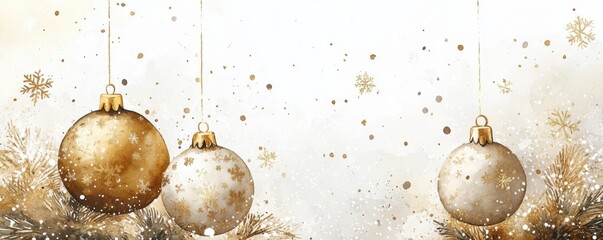 A festive image featuring elegant golden and silver Christmas ornaments hanging against a soft, shimmering background.