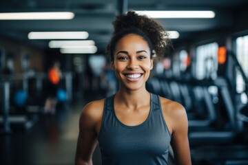 Fototapeta premium Smiling portrait of a young African American female fitness trainer in gym