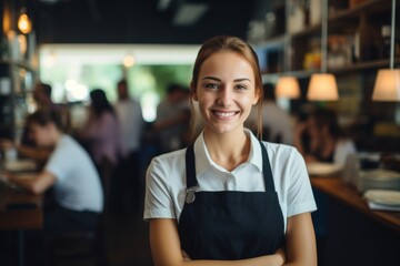 Smiling portrait of a young female waitress in cafe
