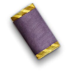 A wrapped item with a purple exterior and golden accents, likely a decorative packaging for a gift or product.