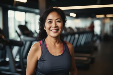 Fototapeta premium Smiling portrait of a middle aged slightly overweight woman in gym