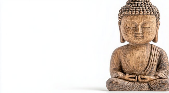 Wooden Buddha statue in a serene meditation pose on a minimalistic background captured in natural light