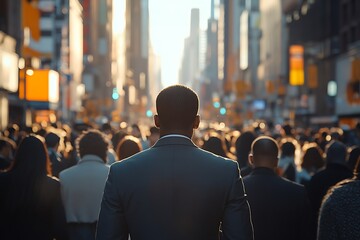 Golden Hour Anonymous Walker in Diverse City Crowd