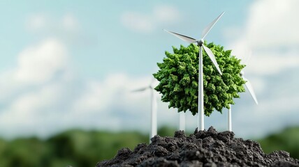 environmental consideration energy nature concept Green energy concept with wind turbines and a plant on soil.