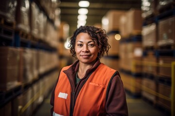 Fototapeta premium Portrait of a joyful middle aged female warehouse worker