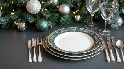 A beautifully arranged table features fine china plates and silverware beside sparkling glassware, complemented by a lush evergreen arrangement with ornaments