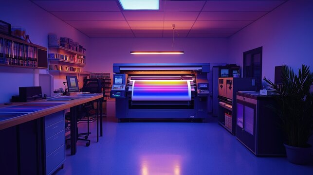 A room with a large printer and a potted plant
