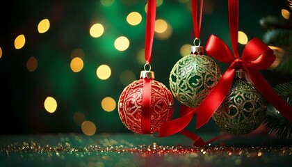 Green Christmas background with green and red decorative baubles and red ribbons