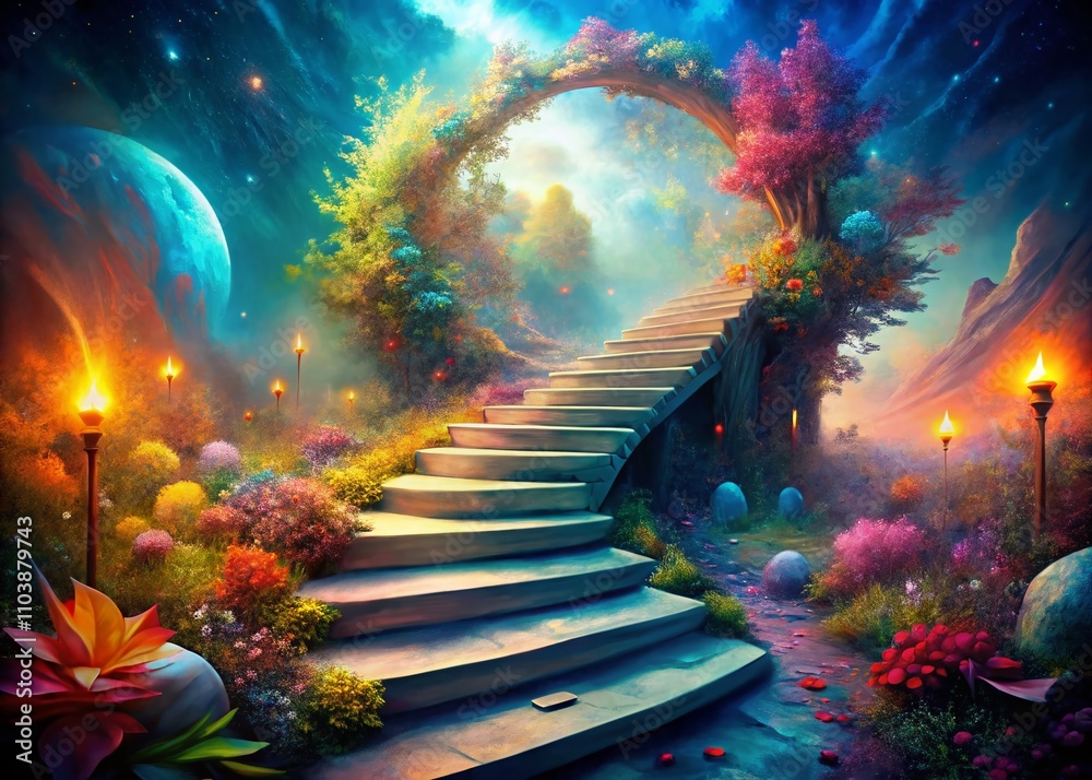 Poster Surreal Journey of Continuous Motion: Steps Forward in a Dreamlike Landscape with Fluid Elements and Ethereal Light Displaying Progression and Transformation