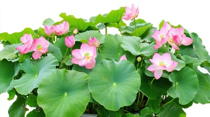 Naklejka premium Pink lotus flowers and green leaves isolated on white.