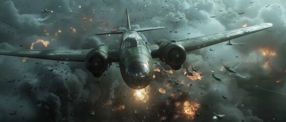 A German   bomber fights in a chaotic aerial battle amidst explosions and smoke, portraying the brutality of war.