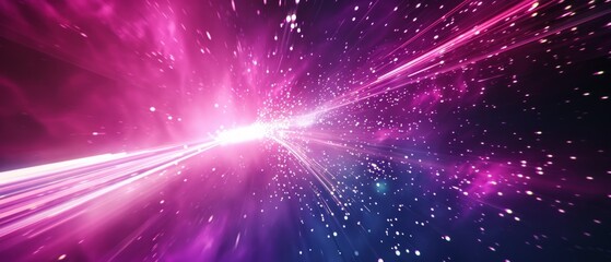 Abstract 3D illustration with vibrant light beams in purple, pink, and blue, surrounded by star-like particles, evoking a futuristic, celestial vibe.