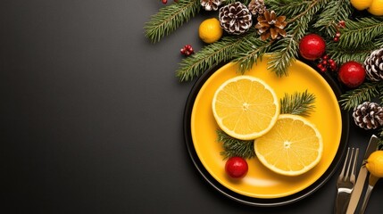 Traditional table arrangement features a black plate and golden bowl at the center, accented by pine branches and decorative ornaments, creating a warm holiday atmosphere