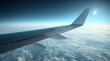 Closed-up of airplane wing and flaps during flight, sky backdrop, ample copy space, more clarity with clear light and sharp focus, high detailed.