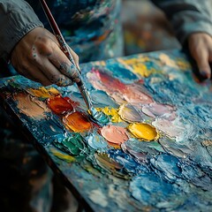Fototapeta premium Artistic Color Mixing on Palette with Brush