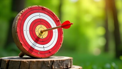 On target in business, red and white archery target with concentric circles and arrow in the center