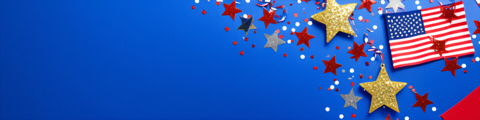 Patriotic decorations featuring glitter stars confetti and national flags adorn a blue backdrop awaiting personalized text or advertisements.