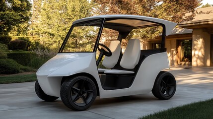 A sleek, modern golf cart parked in a sunny driveway, showcasing its stylish design and comfortable seating.