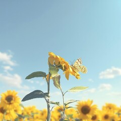 Fototapeta premium Delicate Butterfly perched on a Large Yellow Sunflower , sun, sunflowers