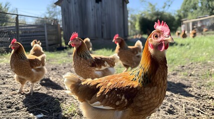 Happy Hens on the Farm: A group of healthy, brown chickens happily roam on a green grass pasture in front of a rustic barn. The hens have a friendly and playful demeanor.