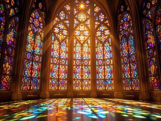 Obraz premium Dazzling sunlight pouring through a stained glass window, glow, design