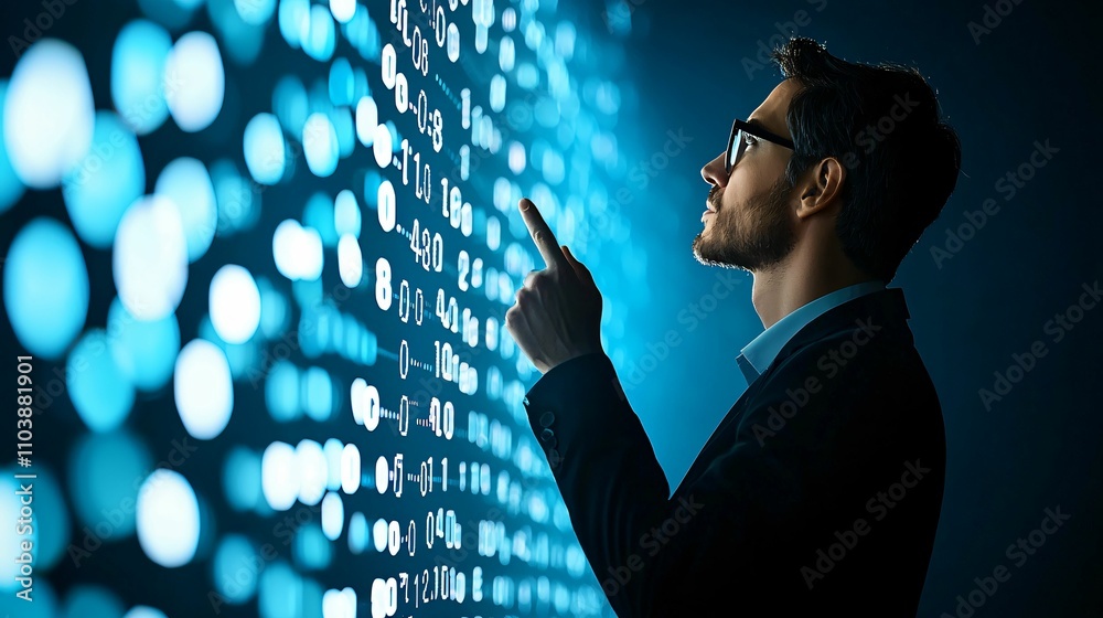 Poster private equity managers. a man interacts with a digital display of data points.