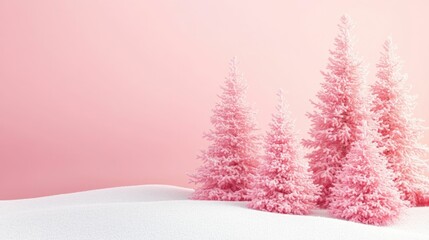 Fototapeta premium pink trees, winter landscape, snow, pastel colors, serene background, holiday theme, festive decoration, winter wonderland, tranquil scene, snowy forest atmosphere, seasonal imagery