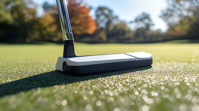 Close-up of a golf putter on a lush green golf course, highlighting precision and focus in the game of golf.