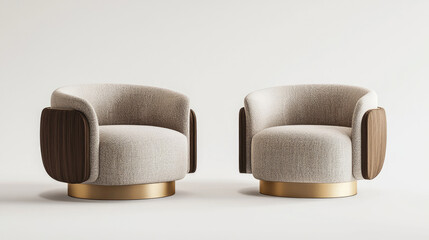 pair of modern, elegant armchairs with a neutral beige fabric, dark wooden side panels, and a luxurious golden base. Perfect for a minimalist, contemporary interior design setting