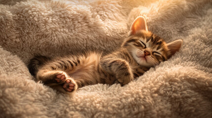 small tabby kitten peacefully sleeping on soft, fluffy blanket, exuding warmth and comfort. Its adorable expression brings joy and tranquility to scene