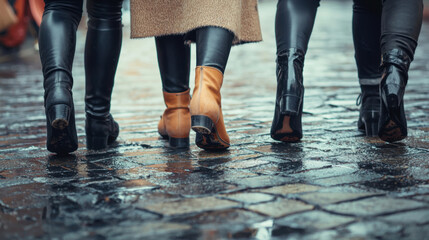 Cropped shot of female friends out for shopping in the city. Close up photo of female women legs walking while buying clothes presents for Christmas or on black friday.
